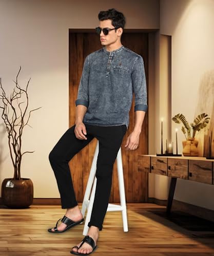 Image of Kuons Avenue Men's Denim Casual Short Kurta | Mandarin Collar | Full Sleeves | Tailored Fit- Stylish Ethnic Wear
