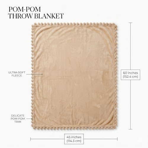 Image of BSB HOME 280 GSM Pom Pom Blanket, Ultra Soft Plush Fleece Throw Blanket with Pom Pom Fringe, Cozy Lightweight Warm Blanket for Sofa, Couch, Bed, Skin Friendly & Easy Care, 45 x 60 Inches - Warm Sand