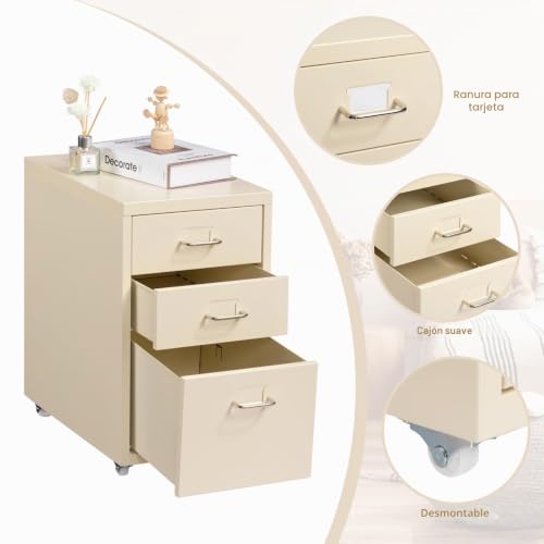 Miniatura 5 de Hollyhome Archivador Móvil De 3 Cajones, Organizador De Carpetas Bajo El Escritorio, Armario De Almacenamiento De Metal Con Ruedas Para El Hogar Y La Oficina, Crema