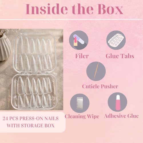 Image of Long Stiletto Transparent Press On Nails 24 PCS | Clear Artificial Nail Extensions for Women | Reusable Pointed False Nails with Press-on Appication Kit & Acrylic Storage Box