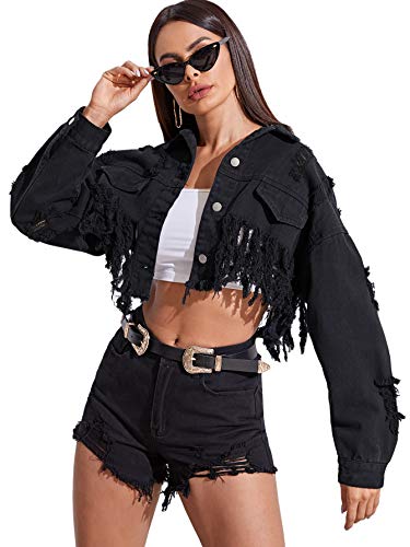 Floerns Women's Distressed Ripped Casual Long Sleeve Crop Denim Jacket Black M
