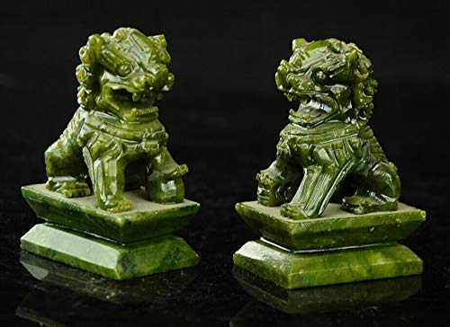 Meedee New Rare A Pair of 100% China Natural Green Jade Hand-Carved Statues fo Dog Lion