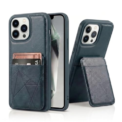 Image of amazon basics Premium Vegan Leather Back Cover with Card Holder and Integrated Mobile Stand for iPhone 13 Pro Max - Slim Shockproof Wallet Case with Geometric Stitching [Blue]