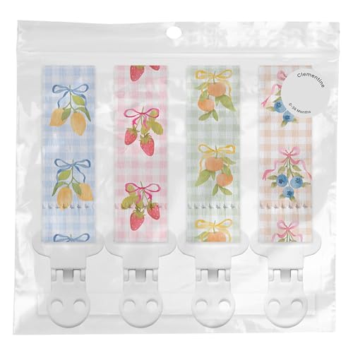 Image of Stadela Baby Fabric Pacifier Clip Holder, Plastic Clip, 4‑Pack, Fruits Pattern, Clementine Set