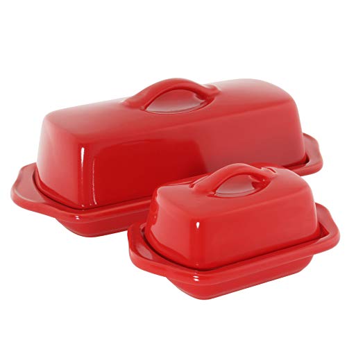 Chantal Ceramic Butter Dish, Set of 8.5 inch Full Size and 5 inch Mini, True Red