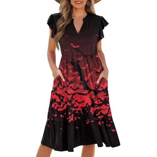 Image of Womens Summer Dress Ruffle Sleeve V Neck Dress Casual Fit Flowy Beach Vacation Sundress with Pocket S-2XL