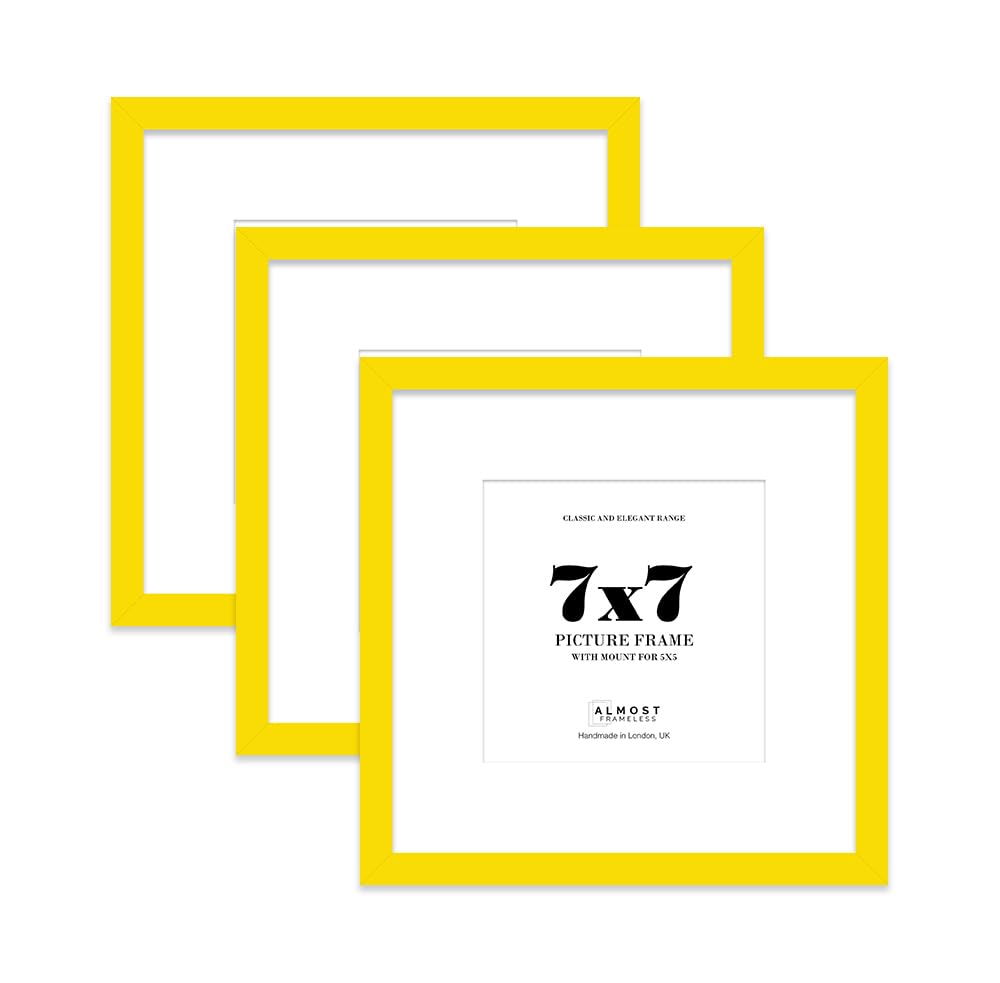 7x7 Yellow Picture Frame with Mount for 5x5 Photos, Prints - Modern Square Wall Frame, Set of 3