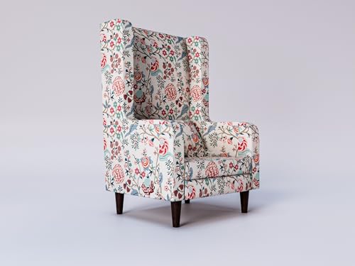 Image of WELL KNOWN Wooden Set of 2 Wing Chair with Ottoman | Wingback Chair for Living Room | Home Decor Furniture (White with Floral Pattern- 2)