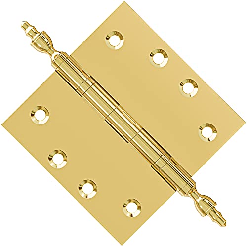 Finsbury Hardware Solid Brass Door Hinge Heavy Duty Ball Bearing Polished Shiny Gold 4.5 X 4.5 Inch With Decorative Screw-On Tips Included - Set Of 3 Hinges (Polished Brass) #TOP4