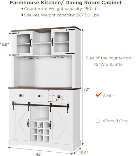 72" Farmhouse Bar Cabinet with Sliding Barn Door, Tall Kitchen Buffet with Storage Hutch and 3 Drawer, Rustic Coffee Wine Bar Sideboard with Wine & Glasses Rack, for Living Room, Pure White