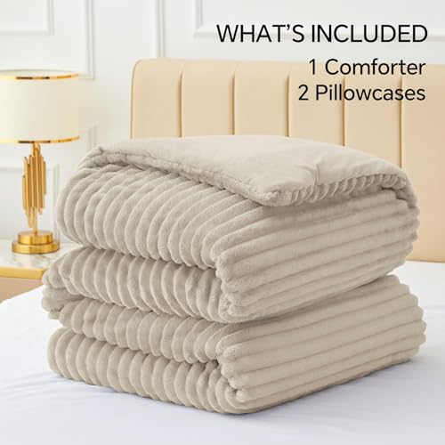Image of BEDELITE Fleece Oversized Queen Comforter Set, Fluffy Bed Set, Linen | Super Soft & Warm Bedding, Luxury Fuzzy Faux Fur Comforter for Winter, Heavy Plush Bedding, with 2 Pillowcases