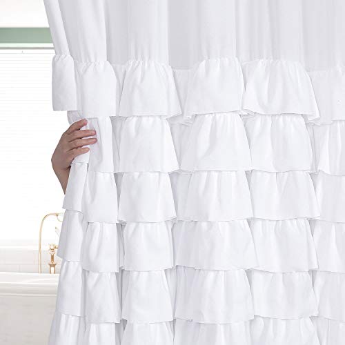Brhf Farmhouse White Ruffle Shower Curtain 72" In Long & Wide - Quick Drying - 12 Buttonholes Design - Easy To Install - Fade Resistant And Opaque, Great For Bathroom #TOP4
