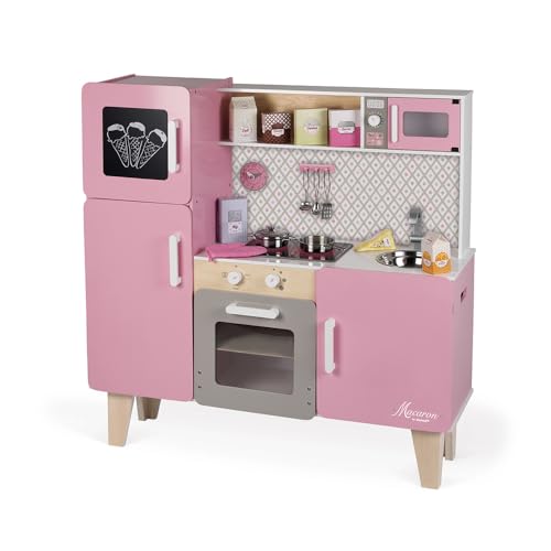 Janod - Maxi Cucina Giocattolo in Legno Macaron - Cucina per Bambini con Frigo e Forno a Microonde - Imitazione e Sviluppo - 15 Accessori Inclusi - A Partire dai 3 Anni, J06571, Rosa