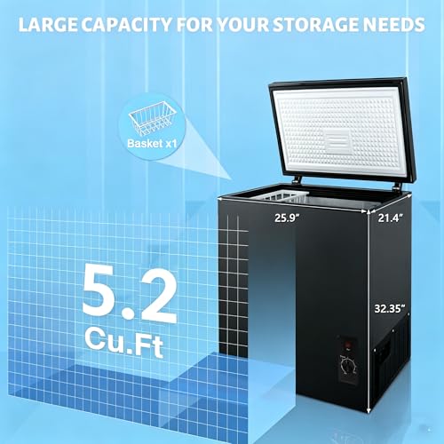 Image of Compact Deep Freezer, 5.2 Cu Ft Chest Freezer with 6 Adjustable Thermostat, Top Open Door Freezer with Removable Basket, Energy Saving Freezer for Home, Apartment, Office, Black