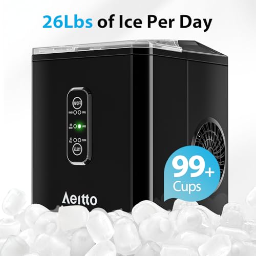Image of Aeitto Ice Makers Countertop, 9 Ice Cubes Release in 6 Mins, 26Lbs /24H, 2 Sizes of Bullet Ice Machine,Self-Cleaning Portable Ice Maker with Ice Scoop and Basket for Home Kitchen Office Bar RV, Black