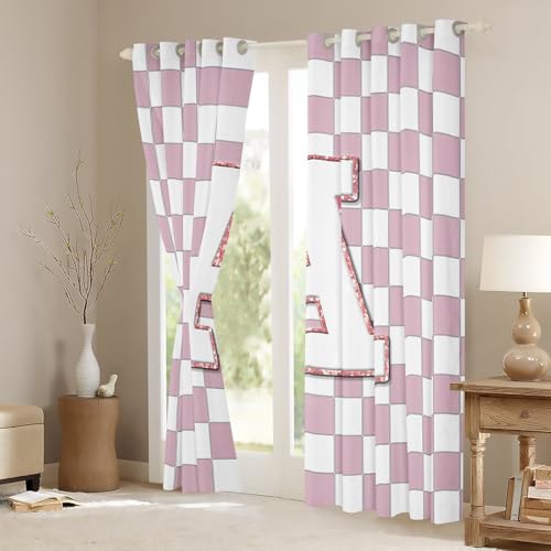 Image of Erosebridal Pink Initial A Window Drapes Kawaii Plaid Checkered Blackout Curtains 42 inchWx63 inchL Cute Personalized Monogram Curtains for Kids Girls Bedroom,Fashion Grids Gingham Window Treatments 2 Panels