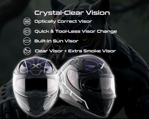Image of Axor Apex Marvel Black Panther ISI ECE and DOT Certified Full Face Helmet for Men and Women with Dual Visors-Black Purple-L