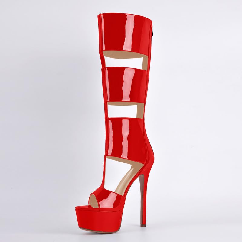 Image of Richealnana Women's Gladiator Knee-High Platform Heels-Stiletto Peep Toe Boots with Back Zipper for Club,Prom,Dance,Sexy