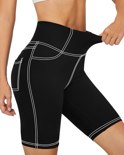 G4Free Biker Shorts for Women Flamingo Jean Shorts 8 inch High Waist Yoga Leggings with Pockets for Athletic Workout (Black, M)