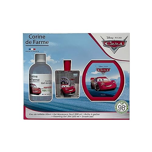 Corine de Farme - Coffret Cars avec Eau de Toilette 50ml, Bain Moussant 300ml et Boîte à Goûter - Cadeau pour Garçon - Parfum pour Enfant Senteur Musc Floral - Gel Fruité 3-en-1