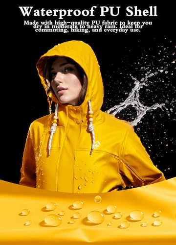 EnduaReve Regenmantel Damen Übergangsjacke PU Wasserdicht Frauen Regenjacke Lang Parka Regenparka mit Kapuze Outdoor Gelb XXL