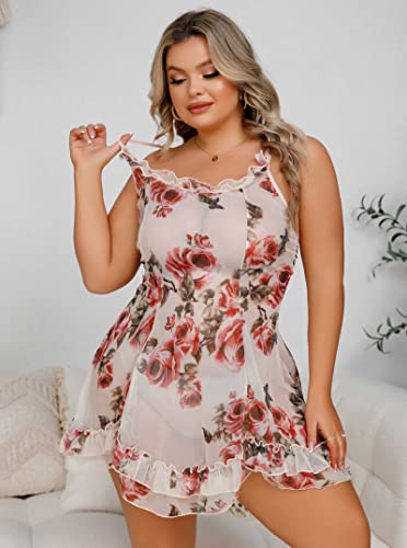 Dewinya Plus Size Floral Print Babydoll Lingerie For Women Cami Nightdress Sexy Nightgowns Sleepwear 3X Apricot #TOP2
