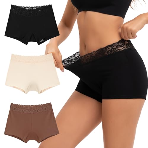 INNERSY Bragas Culotte Mujer Algodon Cintura Media Encaje Calzoncillos Bóxer Cómodos Pack de 3 (XXL, Negro/Rosa Claro/Marrón)