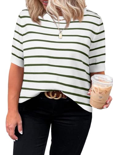 Image of Eytino Women Plus Size Sweater Tops Short Sleeve Crewneck Striped Tshirts Casual Summer Blouses Shirts(1X-5X)