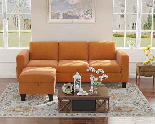 Image of SRMS Sectional Couches for Living Room 78 inch L Shaped Sofa with Storage Ottoman | Free 3 - Pillows | Sofa Set for living Room, Office, Hotel | Modern Classic 3 Seater Sofa Set | Orange