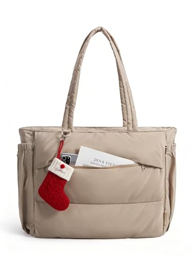 BAGSMART Tote Bag for Women, 22L Puffer Gym Bag for 40oz Tumbler, Work Tote Handbag for Travel Yoga College, Camel
