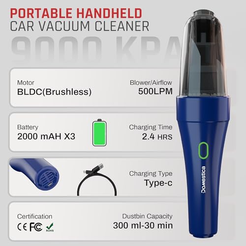 Image of DOMESTICA 4-in-1 Cordless Car Vacuum Cleaner | Portable Handheld Vacuum Cleaner for Car Use with Blower & Inflator | High Speed Power Suction | 9000 Pa Suction | HEPA Filter, Multiple Nozzles (Blue)