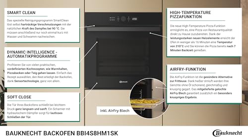 Foto von Bauknecht BBI4S8HM1SK Einbau-Backofen, 60 cm, 73 l Garraum, Heißluftbackofen mit 15 Funktionen, AirFry-Funktion, PowerHeißluft, 310 °C Pizzafunktion, Multi-Level-Kochen, Schwarzglas