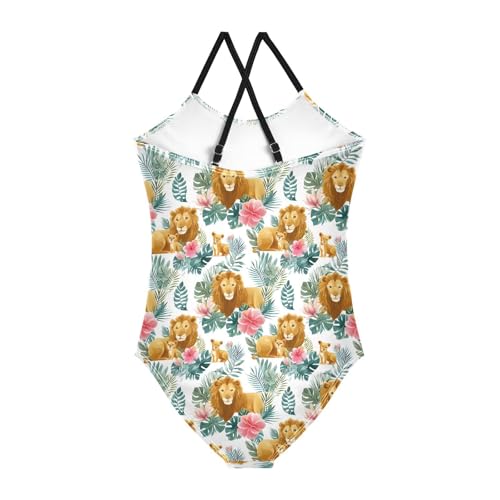 Lion Tropical Leave Flower Girls One Piece Swimsuits Summer Quick Dry Beach Bathing Suit2