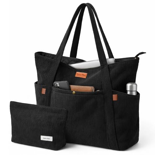 Captain Blues Cord Tasche Damen, Große Tote Bag mit Laptopfach, Shopper Tasche Damen mit Reißverschluss und weichem Baumwollfutter, Arbeitstasche für Uni, Schule, Lehrer (Schwarz)