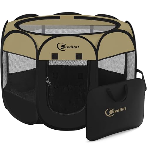 Image of Siedihit Dog Cat Playpen, Medium Puppy Pet Playpen, Dog Crate Tent Cage Indoor /Outdoor, Portable Pop Up Dogs Kennel Playpen with Carrying Case for Dogs /Cats /Rabbits(Black Khaki, Medium)