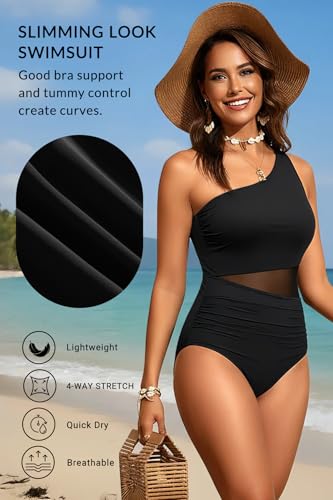 model wearing one shoulder bathing suit