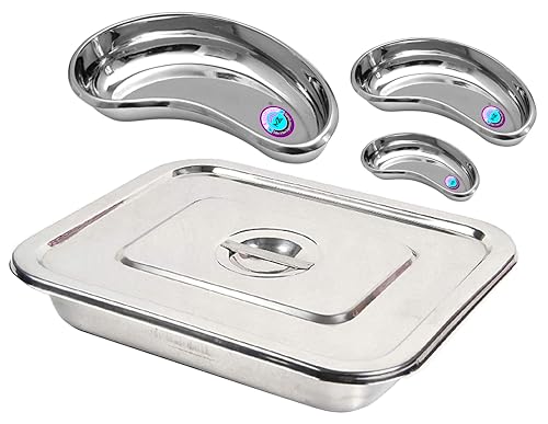 Image of Medical Reusable Instrument Tray (12 inchInch X 10 inchInch) With Lid & Set Of 3 Kidney Tray 250Mm (10In), 200Mm (8 inchIn), 150Mm (6''In) Made From Heavy Stainless Steel