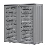 HOMSPARK Indoor/Outdoor Storage Cabinet with Doors and Shelf, 34”x15”x36” HDPE Plastic Storage Box Waterproof for Patio, Garden, Balcony, Multi-Purpose for Daily Tools, Grey