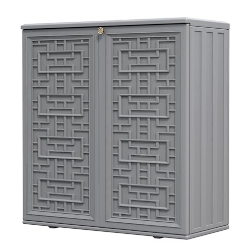 HOMSPARK Indoor/Outdoor Storage Cabinet with Doors and Shelf 34x15x36 HDPE Plastic Storage Box Waterproof for Patio Garden Balcony Multi-Purpose for Daily Tools Grey