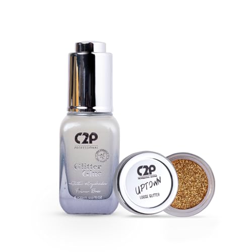 Image of C2P Pro Sparkle Duo Glitter and Glue Kit for Eyeshadow Eye Body Makeup | Waterproof Quick-Drying Shimmer Look | Long Lasting Festival Glitter Set (Naughty Gold 08)