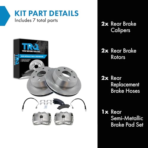 Image of TRQ Rear Brake Pad, Caliper, Hose, & Rotor Kit Semi-Metallic Compatible with 2003-2009 Chevrolet Express 1500 2003-2013 GMC Savana 1500