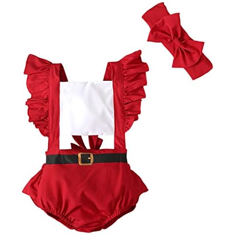 Alaurbeauty Infant Baby Girl Clothes Outfits Christmas Romper Cute Fly Sleeve Backless Jumpsuit Bodysuit + Bow Headwear 2Pcs (Red, 18-24 Months) Cover