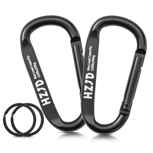 HZJD Carabiner Caribeaner Clip, 110lbs, 3' Aluminum Heavy Duty Black(2PCS)