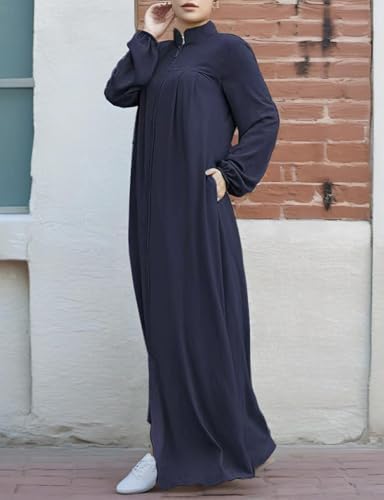 Image of Womens Abaya Muslim Long Sleeve Front Zipper Dress Prayer Islamic Clothes with Pockets
