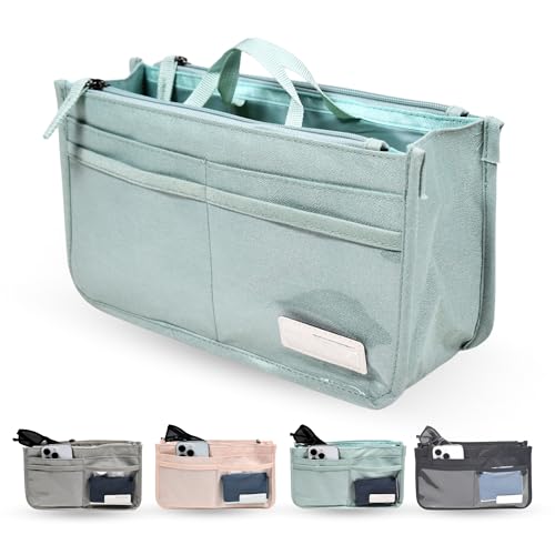 Organizador de bolsos de mujer insertable para interior de bolso, 2 asas, 13 compartimentos (10 bolsillos, 6 transparentes, 2 con cremallera, 1 central grande), ligero, poliéster 27,5x15,5x9,5cm VERDE