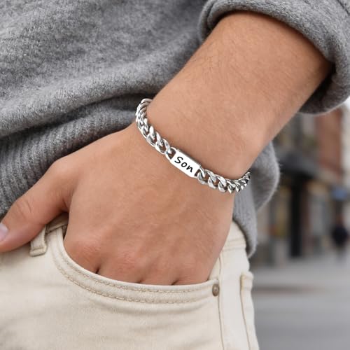 Stainless Steel Bracelet Gifts for Him Son - Silver Cuban Chain Link Men's Bracelet Gifts Classic Hip Hop Stacking Layered Birthday Christmas Anniversary Personalized Son Jewelry Gifts from Mom Dad - image 9