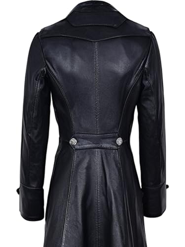 Ladies Black Genuine Leather Trench Coat - Full Length Gothic Rock Style Double Breasted Overcoat3
