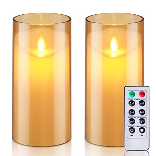 5plots Velas sin llama doradas de 3 x 6 pulgadas, para San Valentín, irrompibles de vidrio, funciona con pilas, con mando a distancia y temporizador Cover