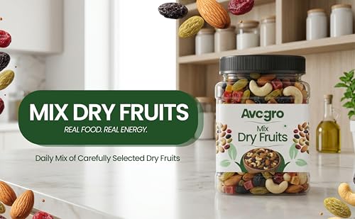 Image of Avogro Premium Mixed Dry Fruits 250gm | Almonds, Cashews, Kishmish, Apricots & Seeds Mix | Fresh Crunchy Nut & Fruit Jar Pack for Snacking & Gifting