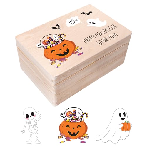 Creative DECO Caixa de Lembranças Truque ou Trato, Presente Personalizado - Halloween | Caixa de Madeira de Memória Personalizada | Personalizadas Personalizados Armazenamento para Disfarces, Doces e